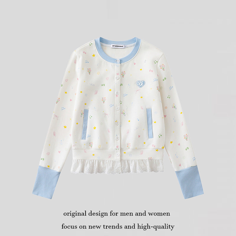 Damen Knopfleisten-Cardigan mit Spitzenvolant, pastelligem Allover-Print und Kontrastbündchen Drune
