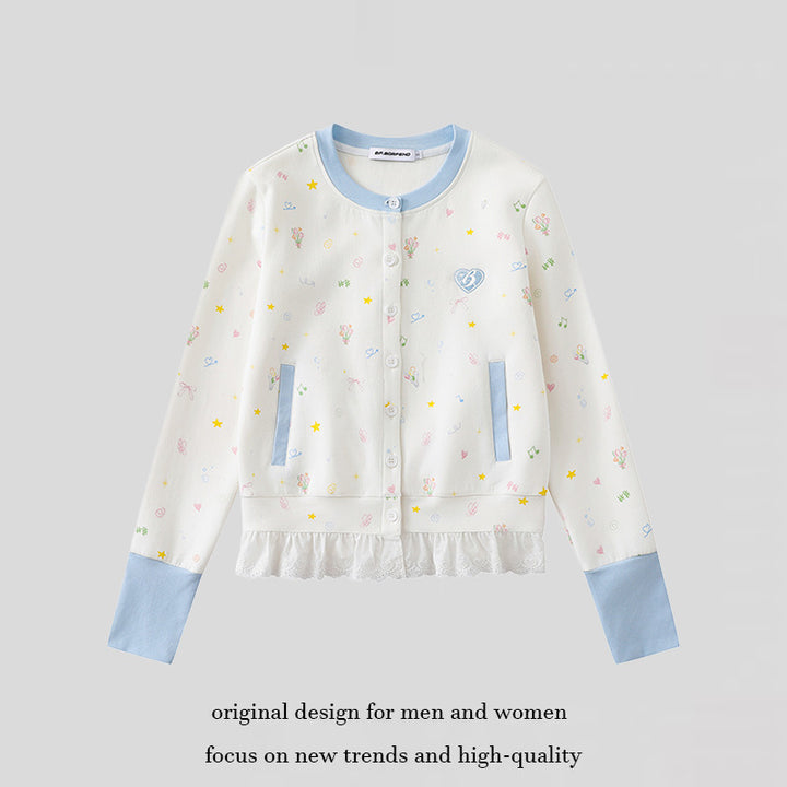 Damen Knopfleisten-Cardigan mit Spitzenvolant, pastelligem Allover-Print und Kontrastbündchen Drune