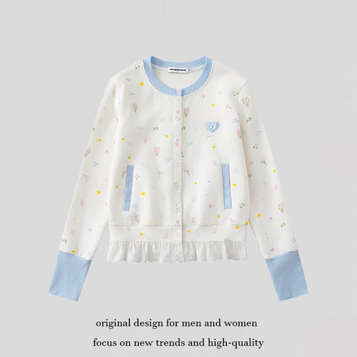 Damen Knopfleisten-Cardigan mit Spitzenvolant, pastelligem Allover-Print und Kontrastbündchen Drune