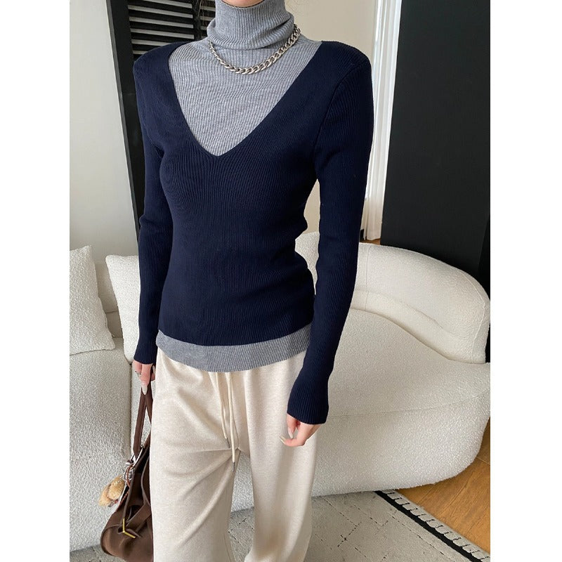 Damen figurbetontes V-Ausschnitt Pullover aus feinem Rippstrick Drune