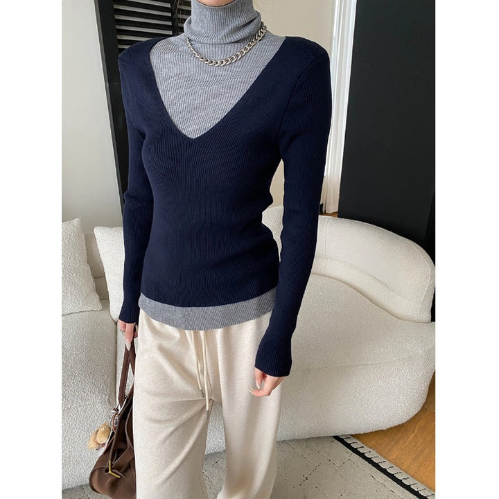 Damen figurbetontes V-Ausschnitt Pullover aus feinem Rippstrick Drune