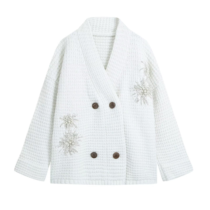 Damen Waffel-Strick-Cardigan mit doppelreihiger Knopfleiste und Schmuckapplikation Drune