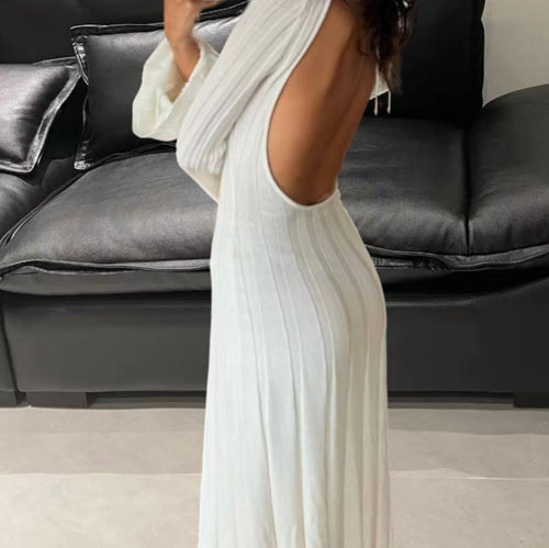 Damen Langärmliges Midikleid mit tiefem Rückenausschnitt und feinen Streifen Drune
