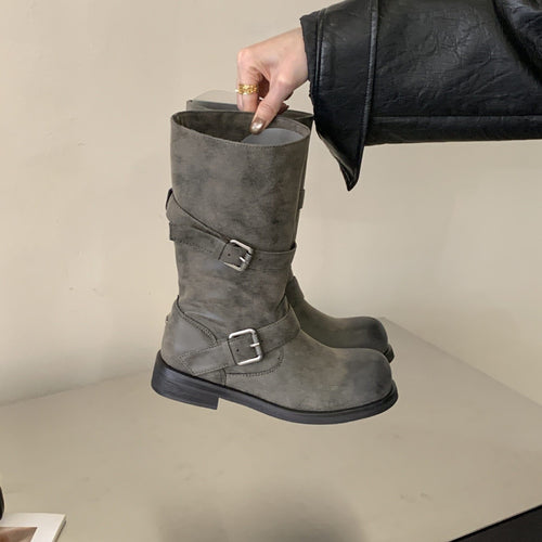 Damen Modische Biker-Stiefel mit verstellbaren Riemen Drune