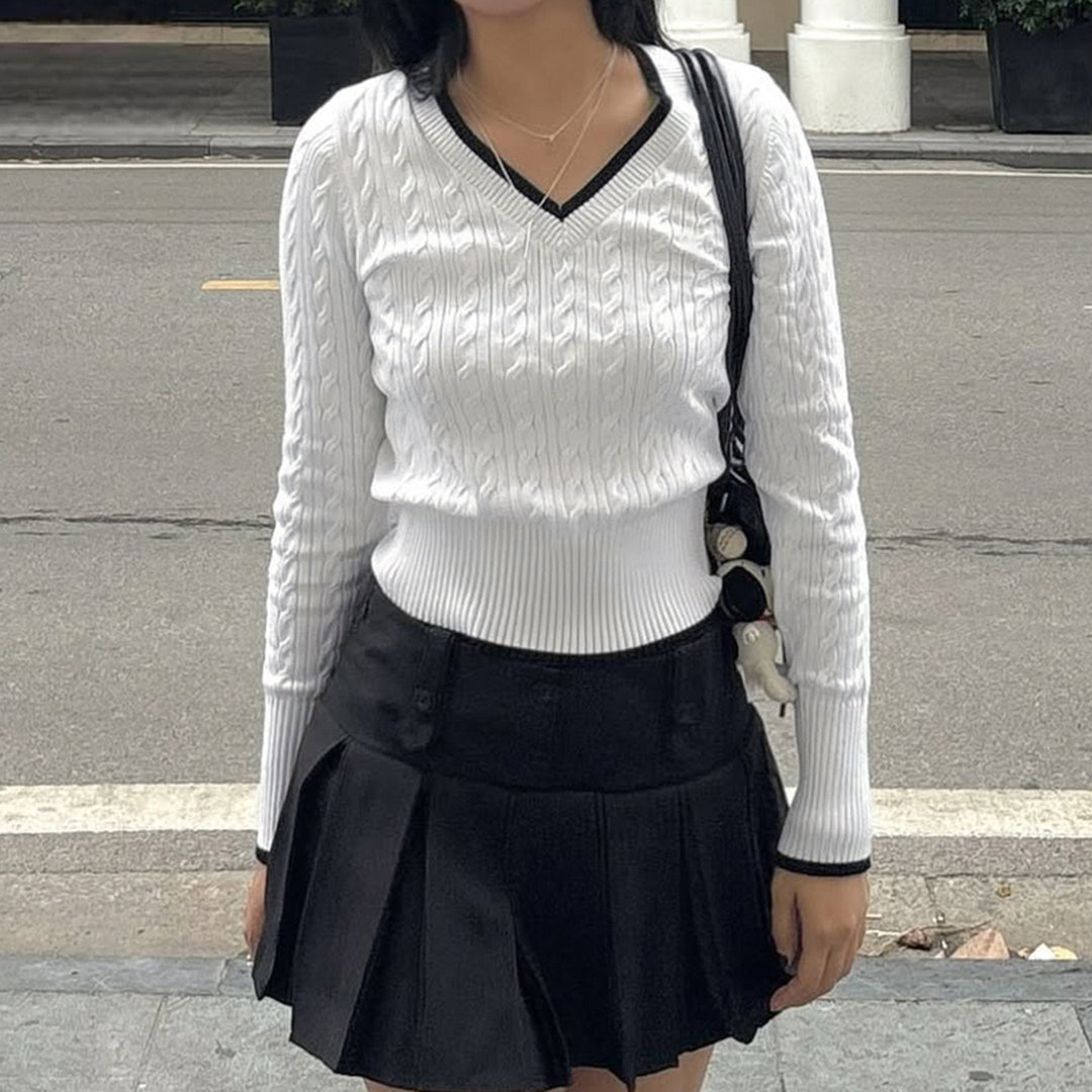 Damen Feinstrick-Pullover mit Zopfmuster, V-Ausschnitt und kontrastierendem Saum Drune