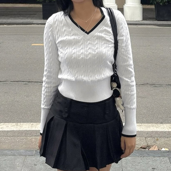 Damen Feinstrick-Pullover mit Zopfmuster, V-Ausschnitt und kontrastierendem Saum Drune