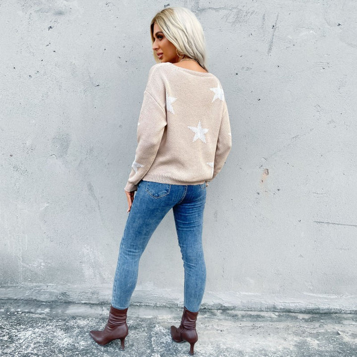 Damen Oversize-Strickpullover mit Sternen-Jacquard, Rundhalsausschnitt und Used-Effekt-Saum Drune