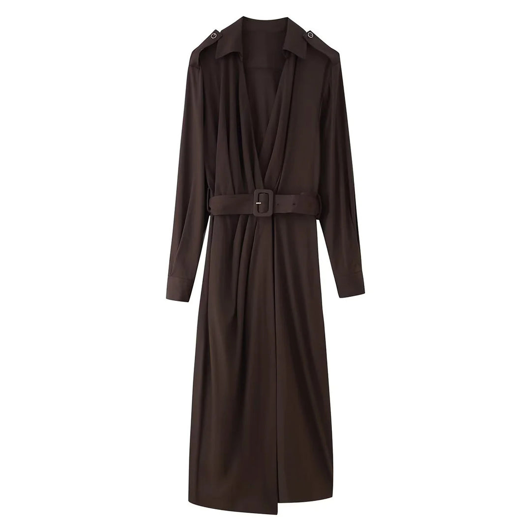 Damen nan langärmliges Hemdblusenkleid mit Taillengürtel und femininer A-Linien-Silhouette Drune
