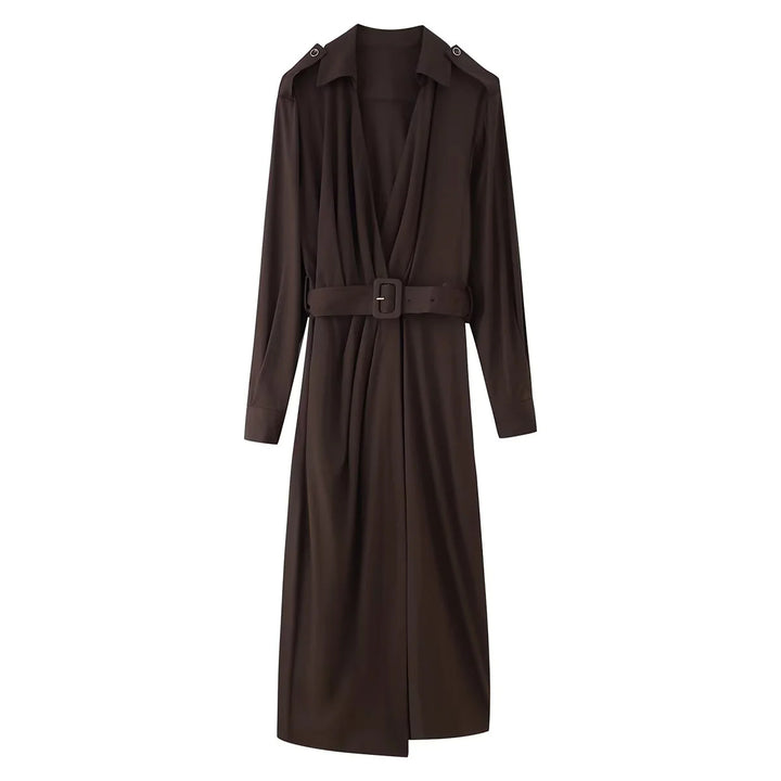 Damen nan langärmliges Hemdblusenkleid mit Taillengürtel und femininer A-Linien-Silhouette Drune