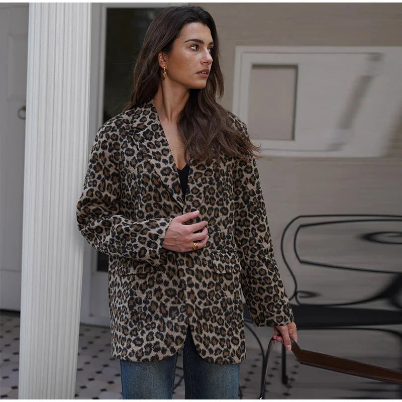 Damen Eleganter Leopardenmuster Blazer Drune