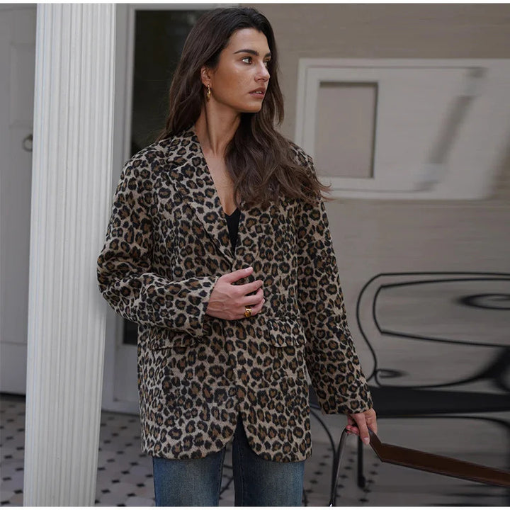 Damen Eleganter Leopardenmuster Blazer Drune