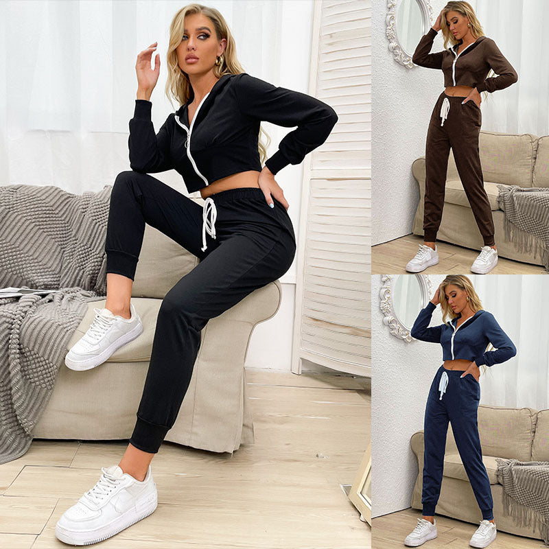 Damen Zweiteiliger Velours-Jogginganzug mit Cropped-Kapuze und Tunnelzughose Drune