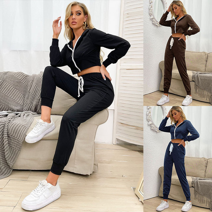 Damen Zweiteiliger Velours-Jogginganzug mit Cropped-Kapuze und Tunnelzughose Drune