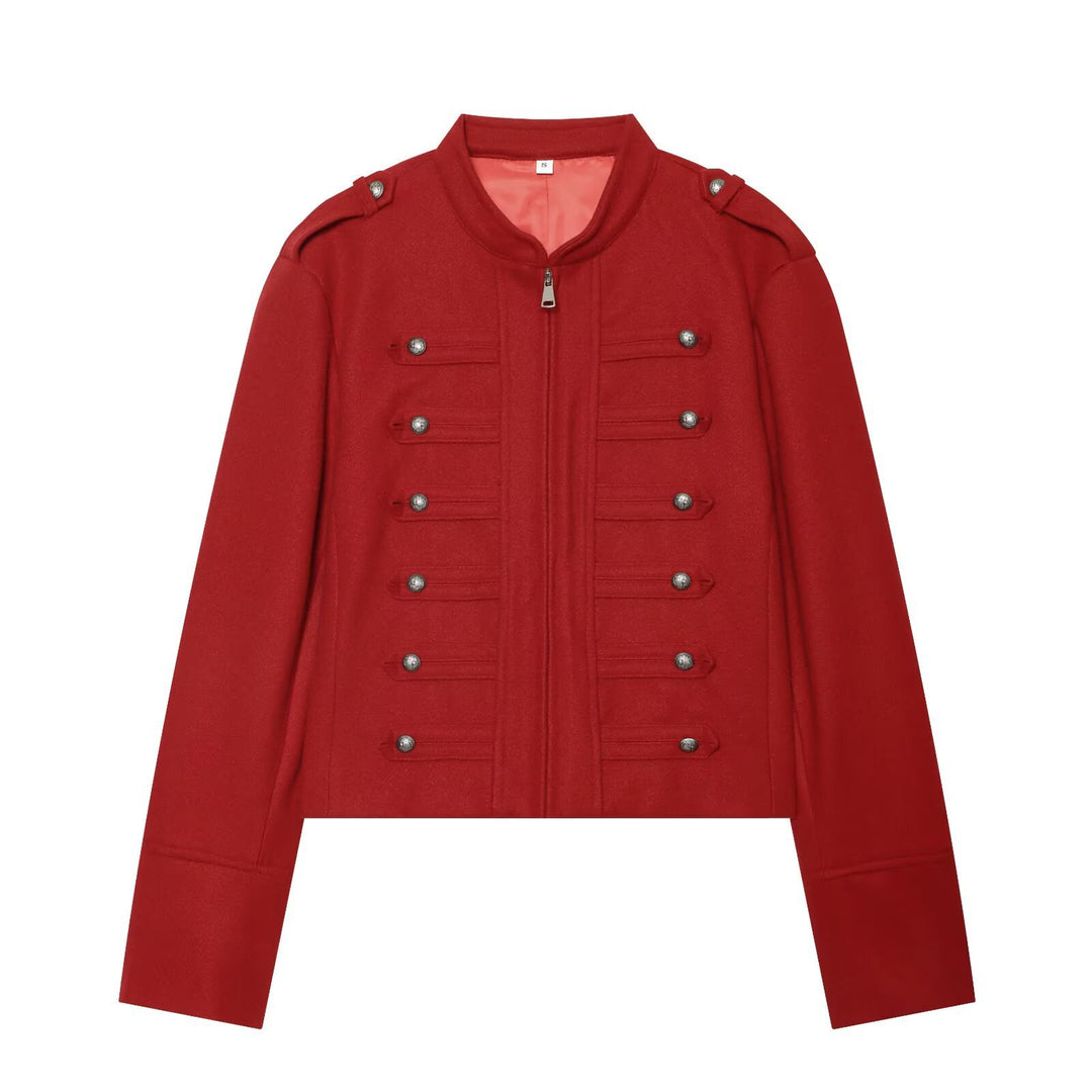 Damen Militärisch inspirierte kurze Wolljacke mit Stehkragen Drune