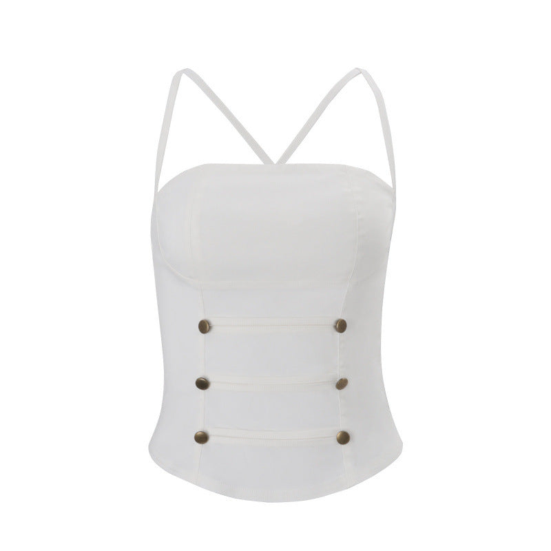 Damen Stylisches Top mit verstellbaren Spaghettiträgern und Knopfdetail Drune