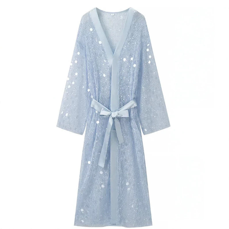 Damen Glamouröses Maxikleid mit V‑Ausschnitt, Pailletten‑Overlay und Taillengürtel Drune