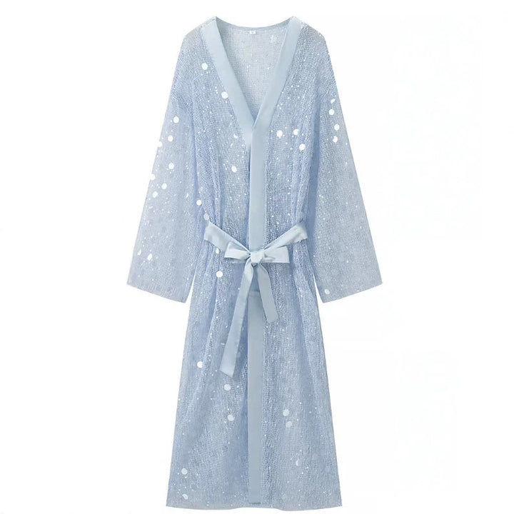 Damen Glamouröses Maxikleid mit V‑Ausschnitt, Pailletten‑Overlay und Taillengürtel Drune