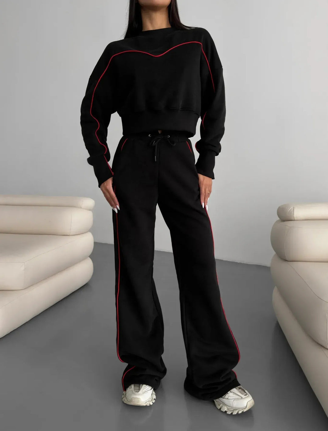 Damen kurzes Oversize-Sweatshirt mit Kordelzug-Jogginghose und Kontrastnähten Drune