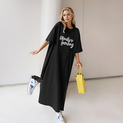 Damen nan locker geschnittenes Maxikleid mit großem Herzgrafikprint und Rundhalsausschnitt Drune