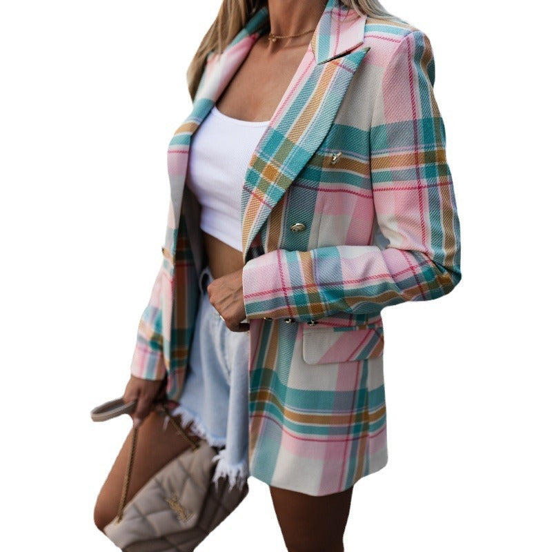 Damen Karierter Blazer mit doppelter Knopfreihe und eleganten Details Drune