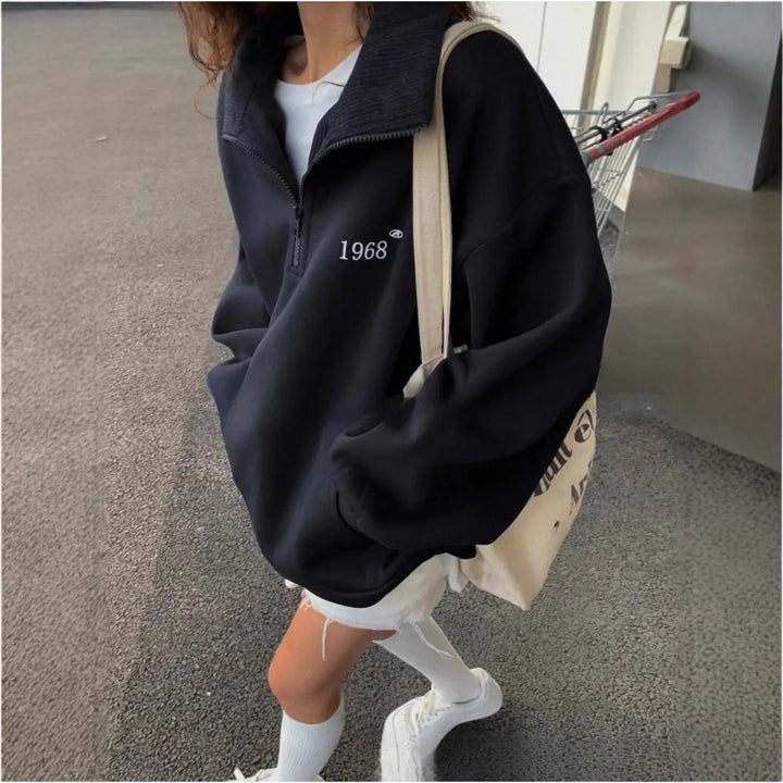 Damen nan oversized Halbzip-Sweatshirt mit hohem Stehkragen, Kängurutasche und lässigem Oversize-Schnitt Drune