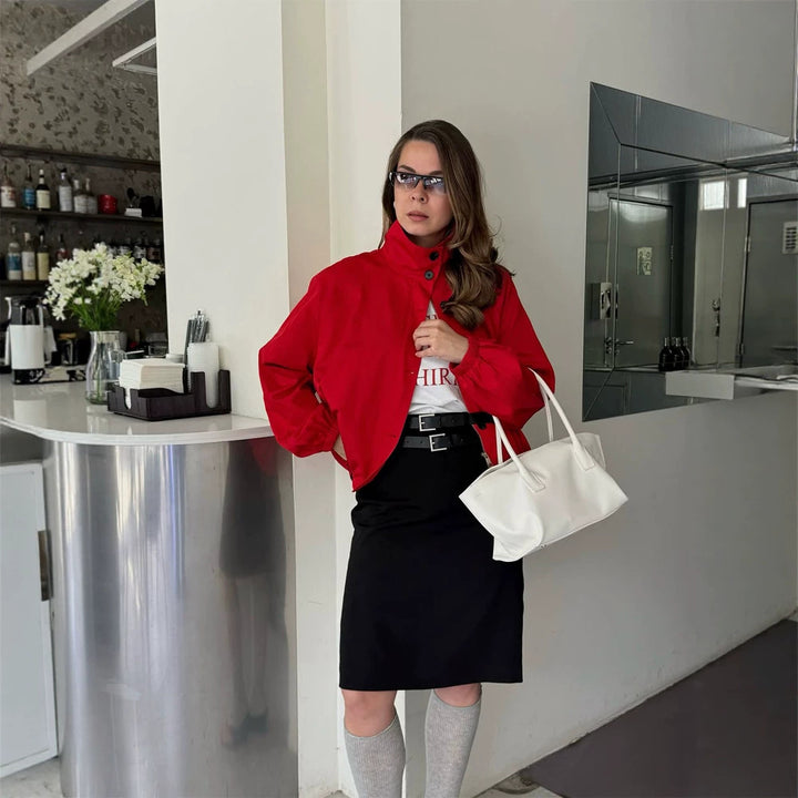 Damen Kurzblouson mit Stehkragen, Knopfverschluss und elastischen Bündchen Drune