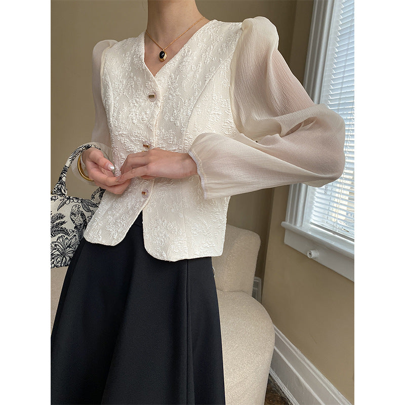 Damen schicke aufregende Bluse mit Puffärmeln und dekorativen Knopfdetails Drune