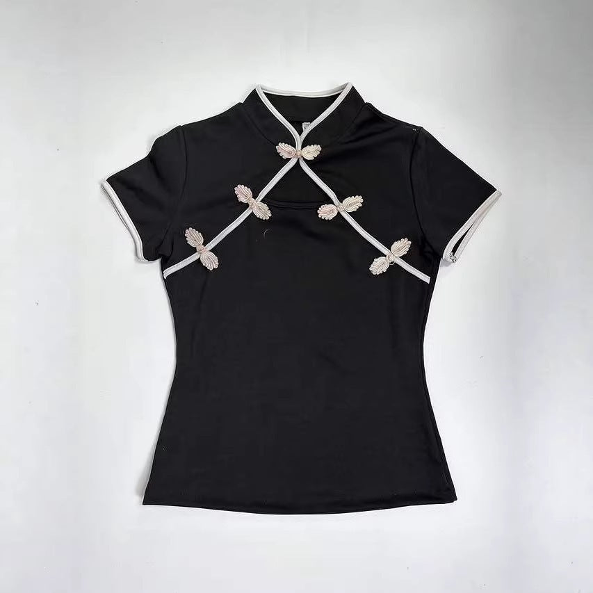 Damen Chinesisch inspirierte Bluse mit modernem Stehkragen und floralen Details Drune