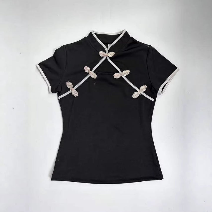 Damen Chinesisch inspirierte Bluse mit modernem Stehkragen und floralen Details Drune