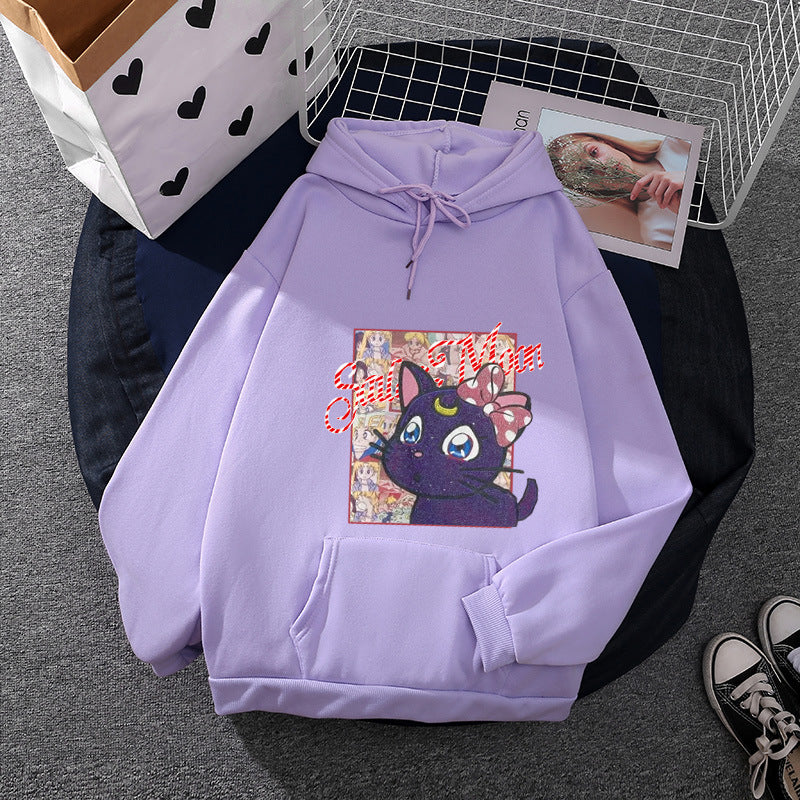 Damen nan Oversize-Kapuzenpullover mit glitzerndem Anime-Katzen-Motiv, Kängurutasche und weichem Fleece-Innenfutter Drune