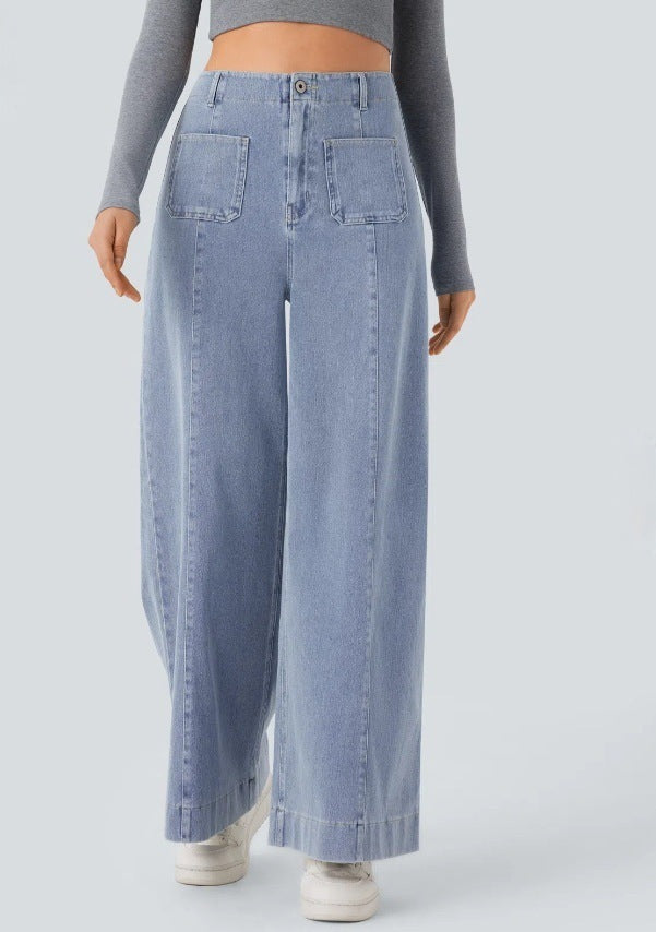 Damen nan hochtaillierte weite Jeanshose mit aufgesetzten Fronttaschen und vertikaler Ziernaht Drune