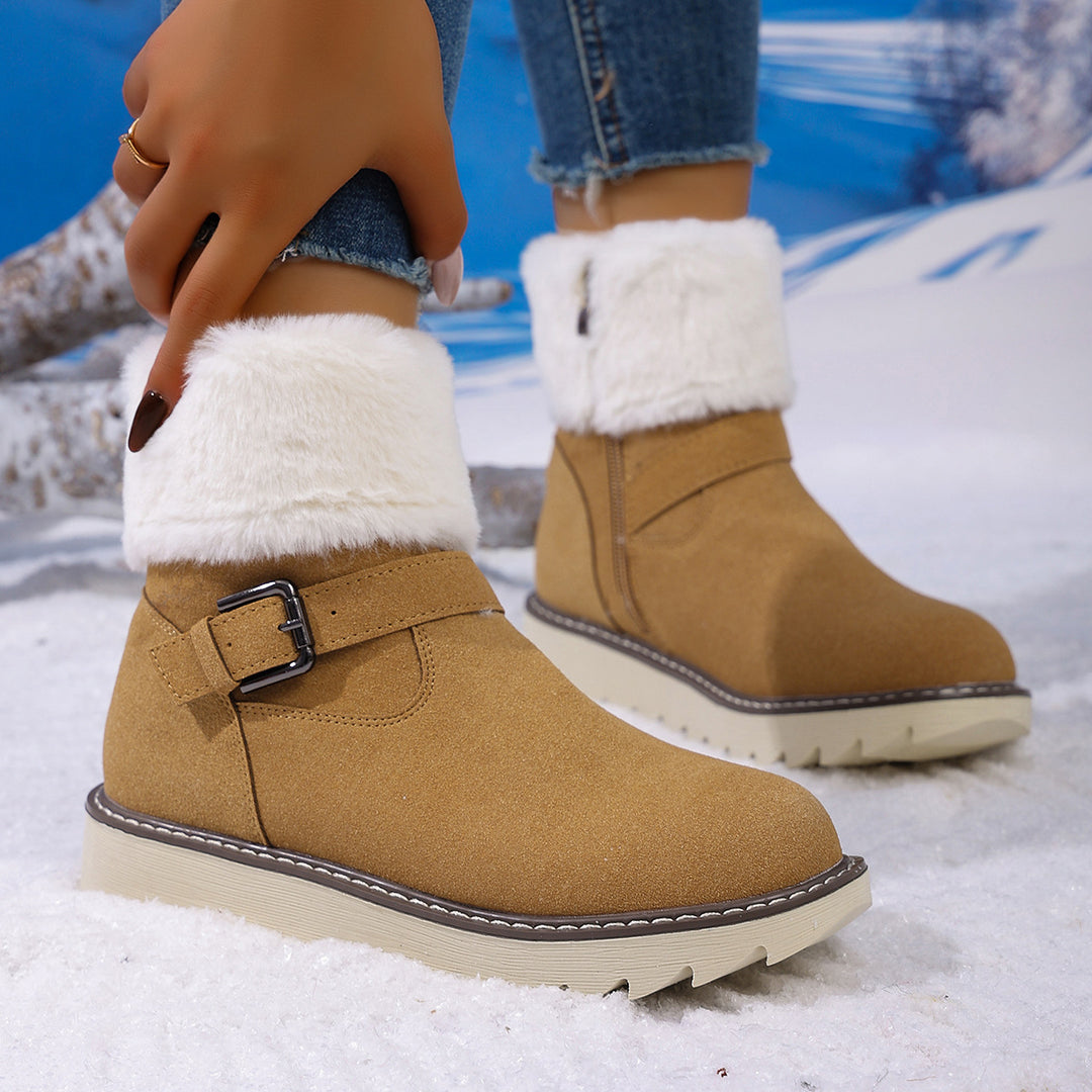 Damen Gefütterte Kurzstiefelette mit Kunstfellkragen, Velours‑Optik und Zierschnalle Drune