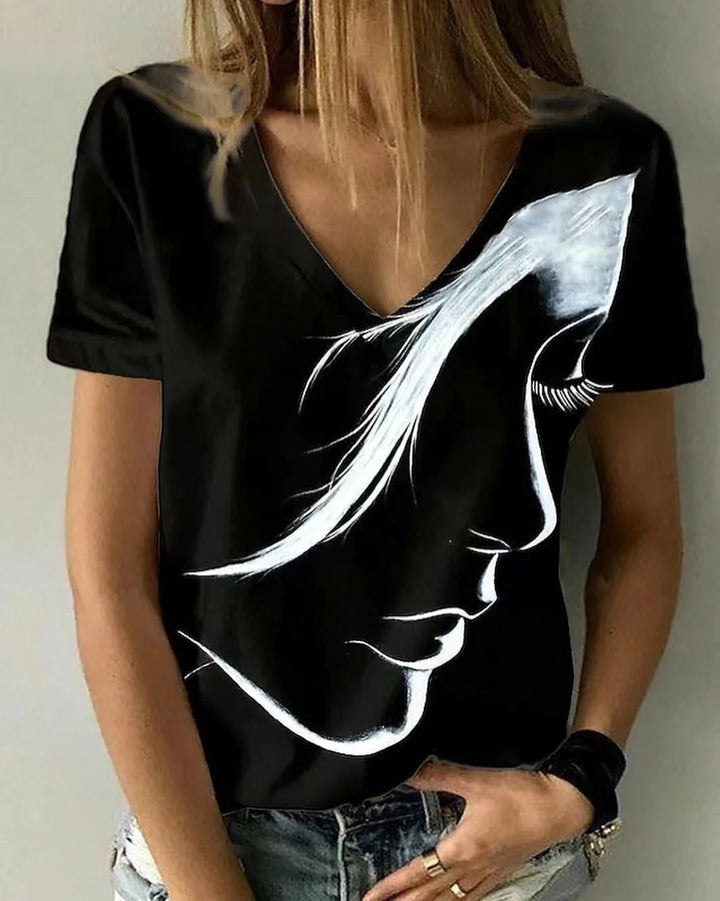 Damen V-Ausschnitt T-Shirt mit kreativem Grafikdruck Drune