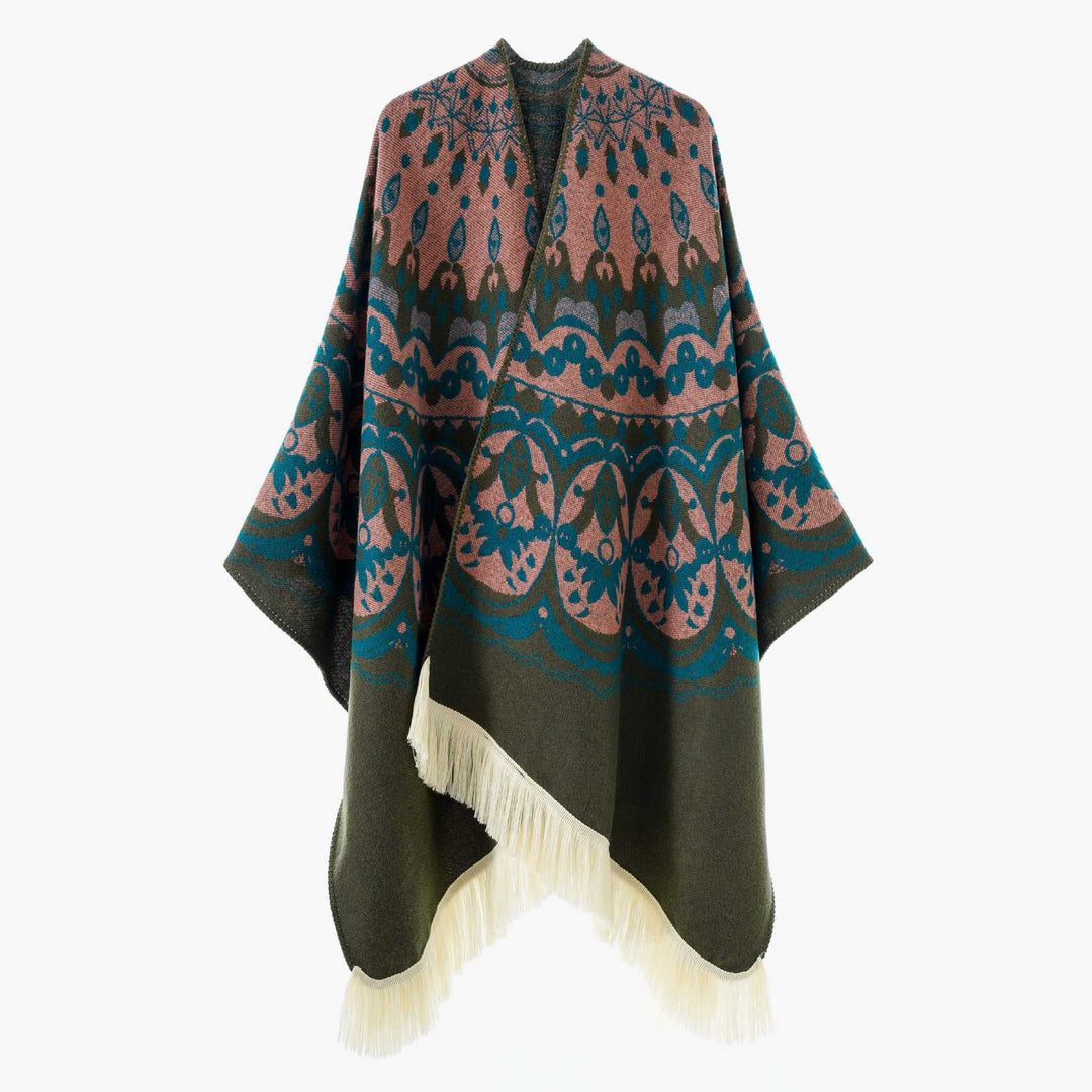 Damen Gewebter Jacquard-Poncho mit V-Ausschnitt, Ethno‑Print und Fransen Drune