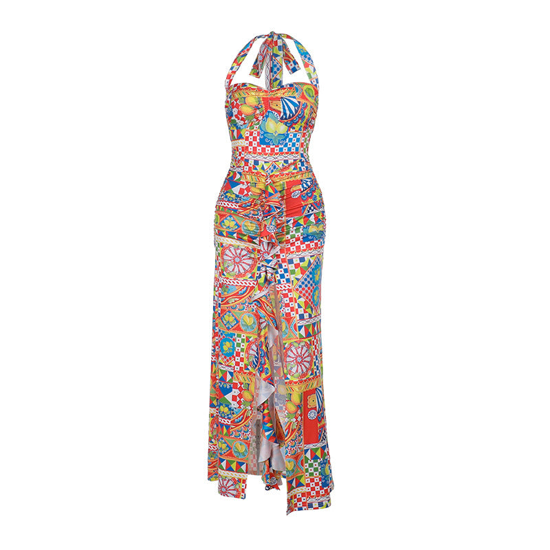 Damen Sommerliches Maxikleid mit buntem Druck und aufregendem Schlitz Drune