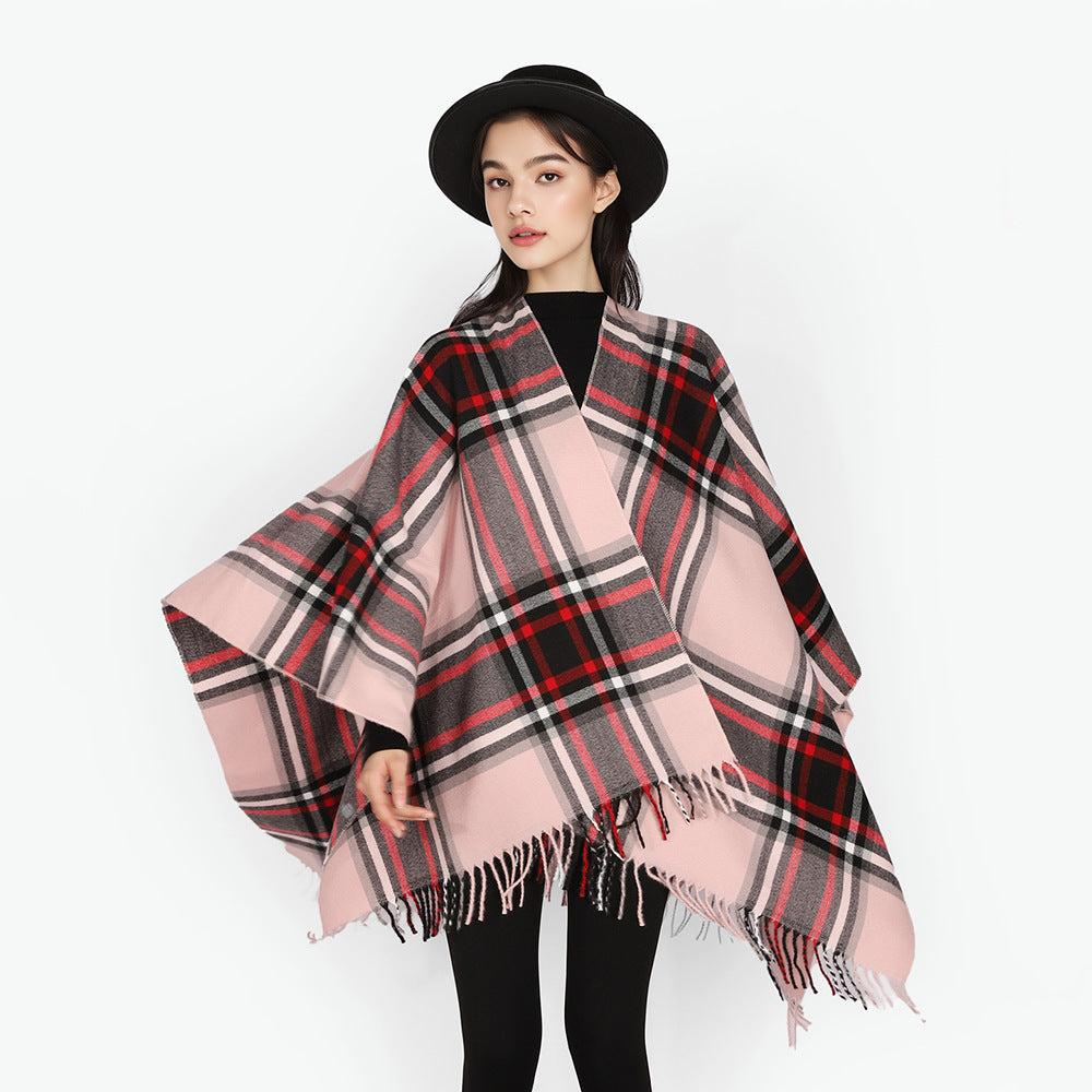 Damen Oversize-Karo-Capeponcho aus Wollmix mit V-Ausschnitt und Fransensaum Drune