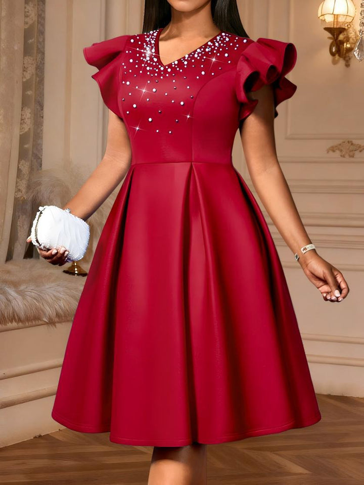 Damen A-Linien Kleid mit glitzernden Perlen und voluminösen Ärmeln Drune