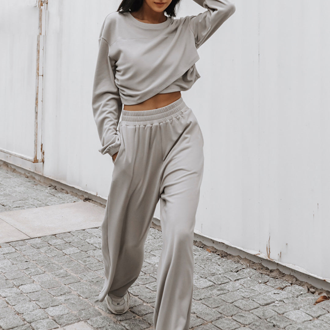 Damen weites Lounge-Set mit Cropped-Oversize-Pullover und High-Waist Palazzo-Hose Drune