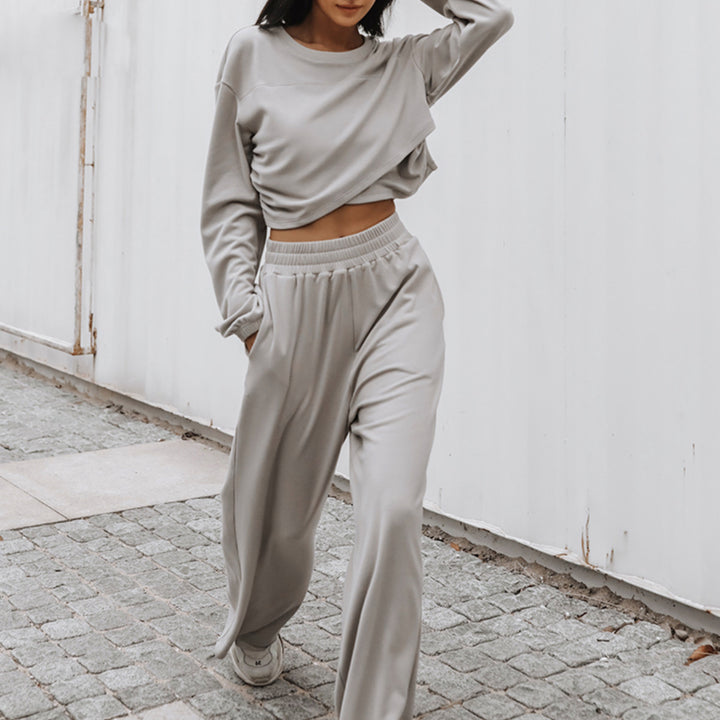Damen weites Lounge-Set mit Cropped-Oversize-Pullover und High-Waist Palazzo-Hose Drune