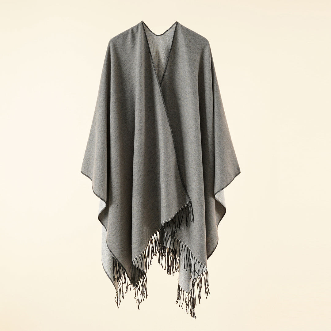 Damen Großer Ruana‑Poncho aus feinem Wollmix mit Fransen und offenem Fall Drune