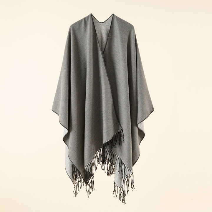 Damen Großer Ruana‑Poncho aus feinem Wollmix mit Fransen und offenem Fall Drune