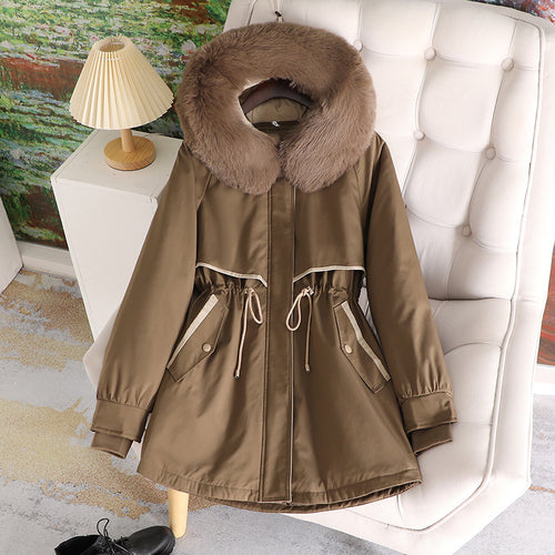 Damen modische Übergangsjacke mit abnehmbarem Kunstfellkragen und Taillenzug Drune