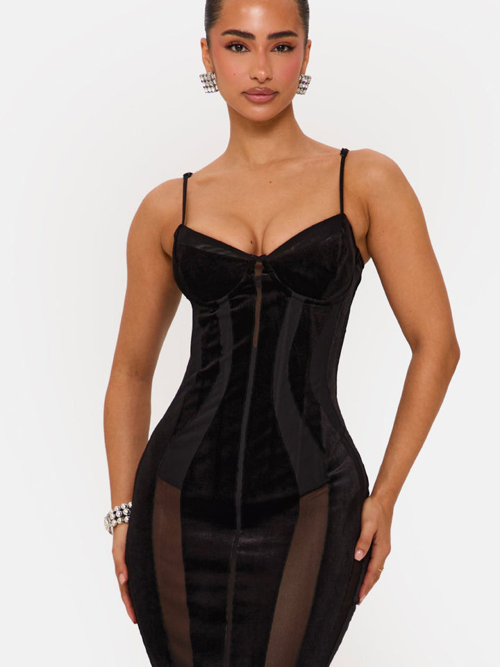 Damen Bodycon Kleid mit raffiniertem Korsett-Oberteil und transparenten Einsätzen Drune