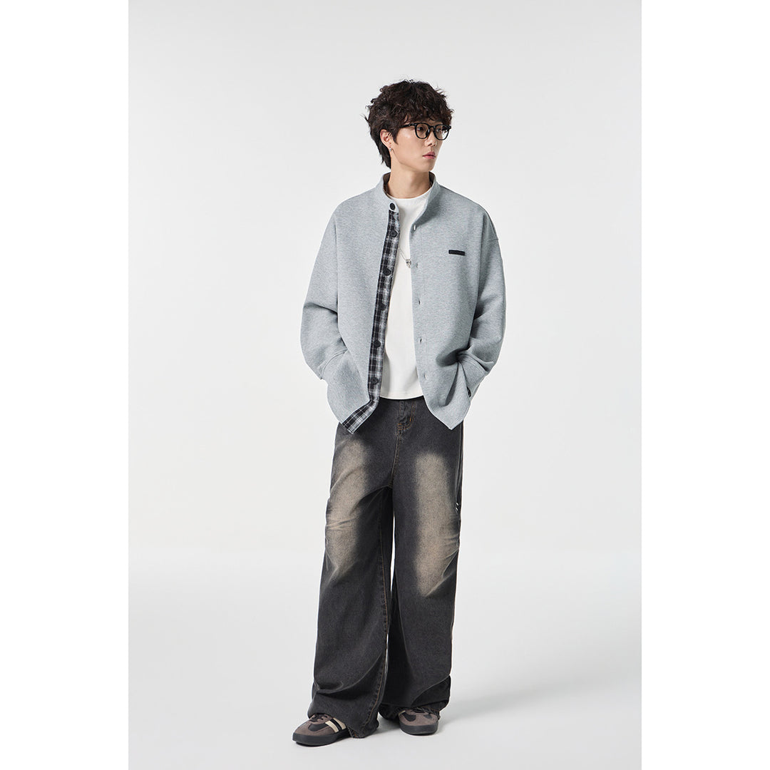 Unisex Oversize-Hemdjacke im Sweat-Overlay mit Stehkragen und karierter Innenmanschette Drune