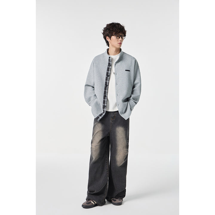 Unisex Oversize-Hemdjacke im Sweat-Overlay mit Stehkragen und karierter Innenmanschette Drune