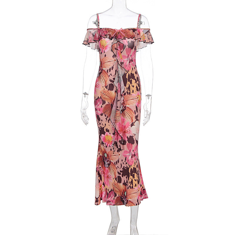 Damen Off-Shoulder Maxikleid mit floralem Muster und Rüschendetails Drune
