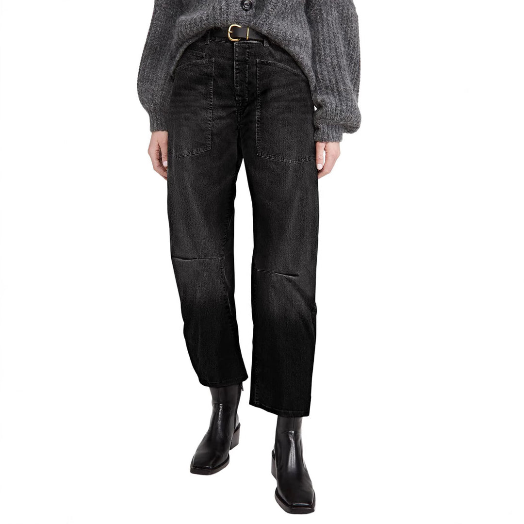 Damen nan lässige Canvas-Hose mit hohem Bund, weitem Bein und aufgesetzten Taschen Drune
