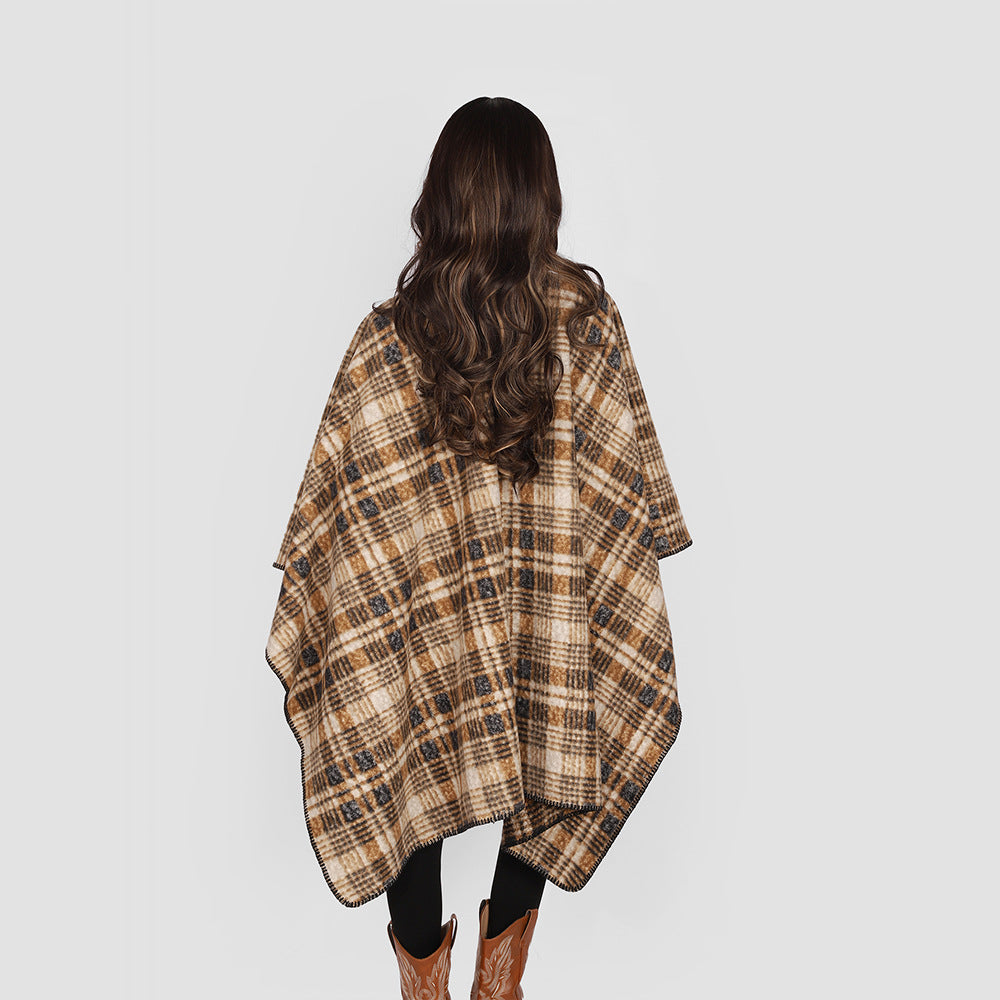 Damen Oversize-Karo-Cape aus weichem Wollmix mit kontrastierter Kettelnaht Drune