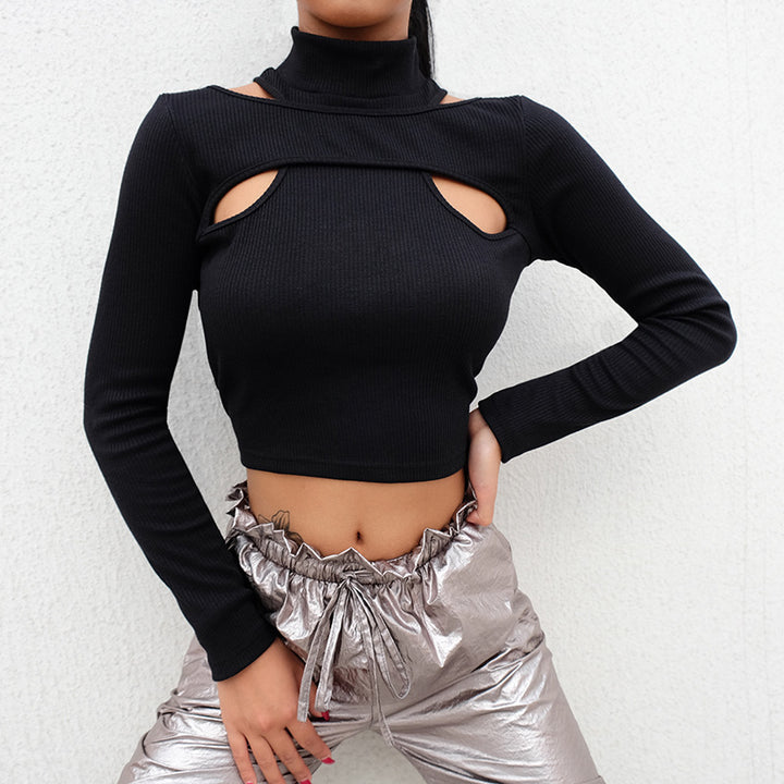 Damen trendiges Oberteil mit Cut-Outs und hohem Kragen Drune