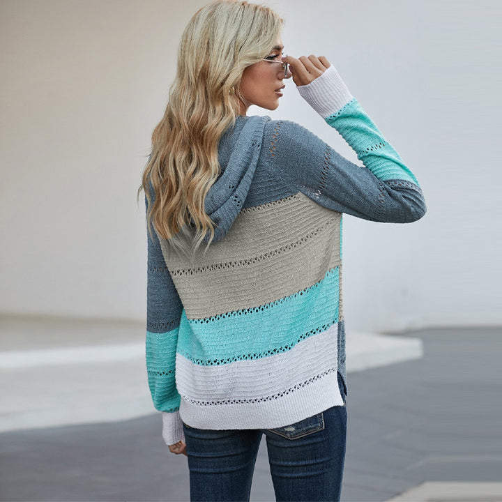 Damen lässige Strickjacke mit Kapuze und dekorativem Lochmuster Drune